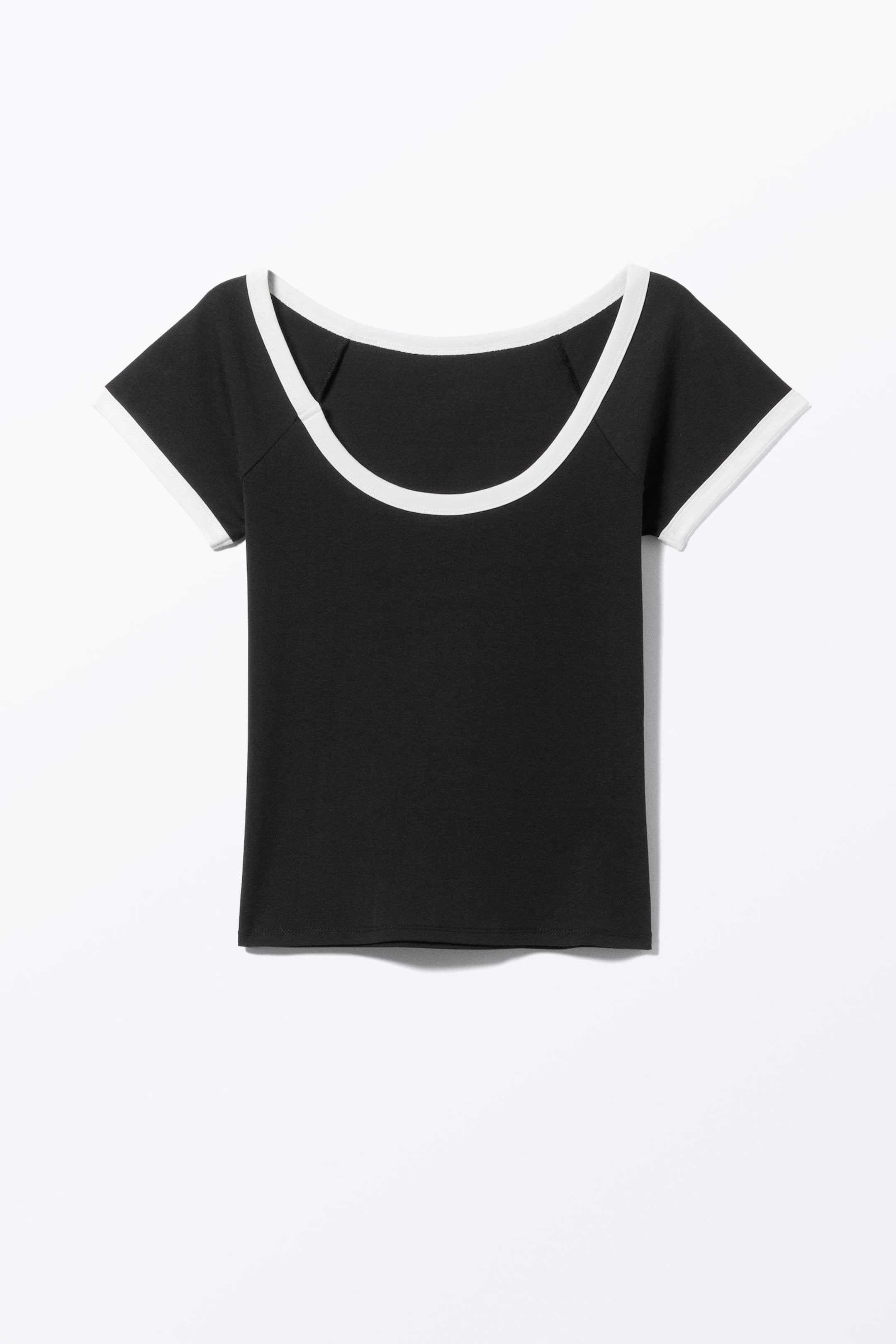Black - White Binding - Short-Sleeved Cowl Neck Top - 4