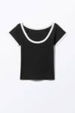 Black - White Binding - Short-Sleeved Cowl Neck Top - 4