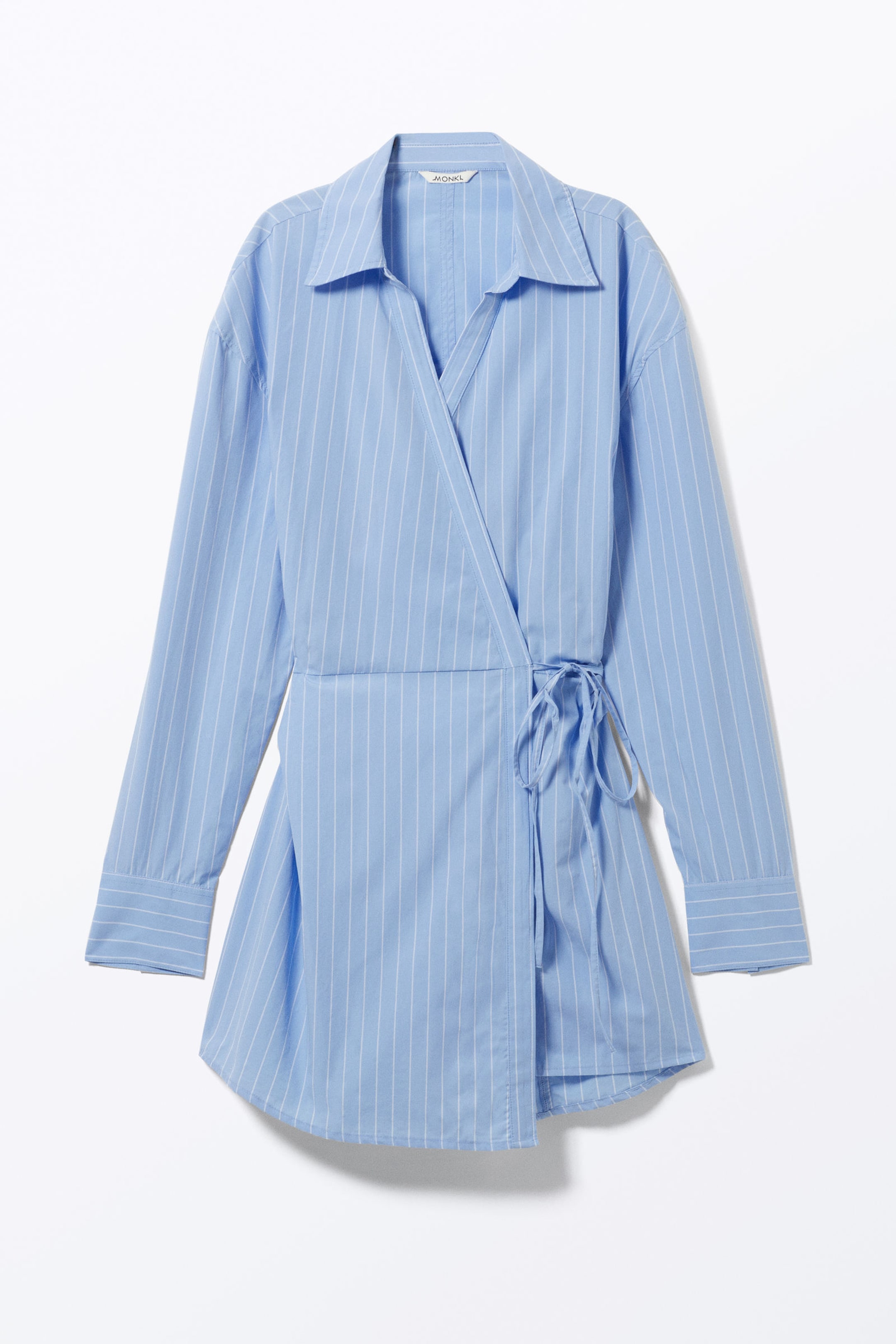 Light Blue Pinstripe - Long-Sleeved Mini Wrap Shirt Dress - 3