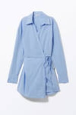 Light Blue Pinstripe - Long-Sleeved Mini Wrap Shirt Dress - 3