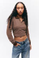 Dark Brown & Pink Stripes - Long-Sleeved Polo Top - 1