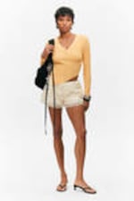 Yellow - Knitted Wrap-shaped Asymmetric V-neck Sweater - 1