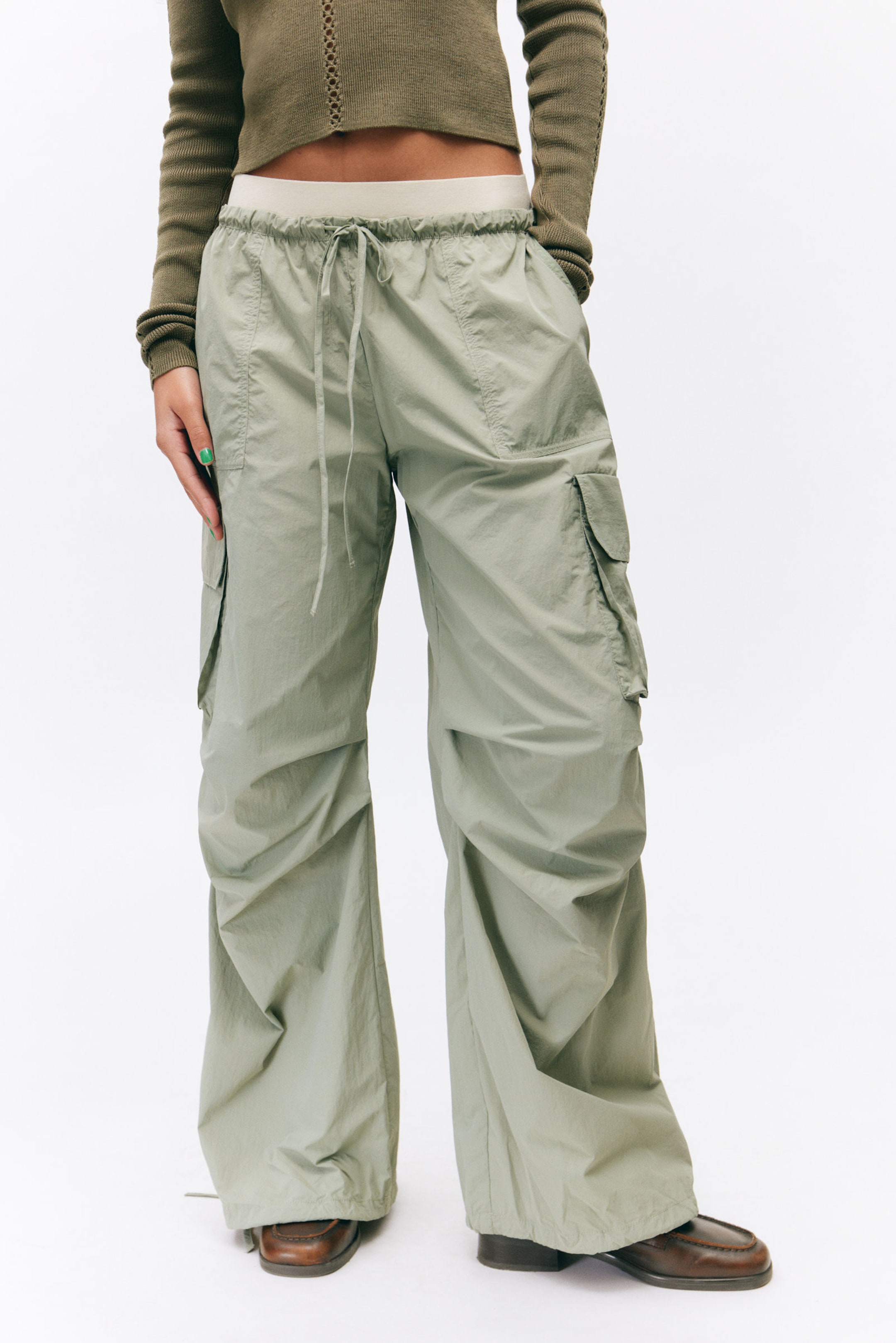 Light Khaki Green - Loose Nylon Cargo Trousers - 1