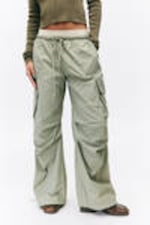 Light Khaki Green - Loose Nylon Cargo Trousers - 1