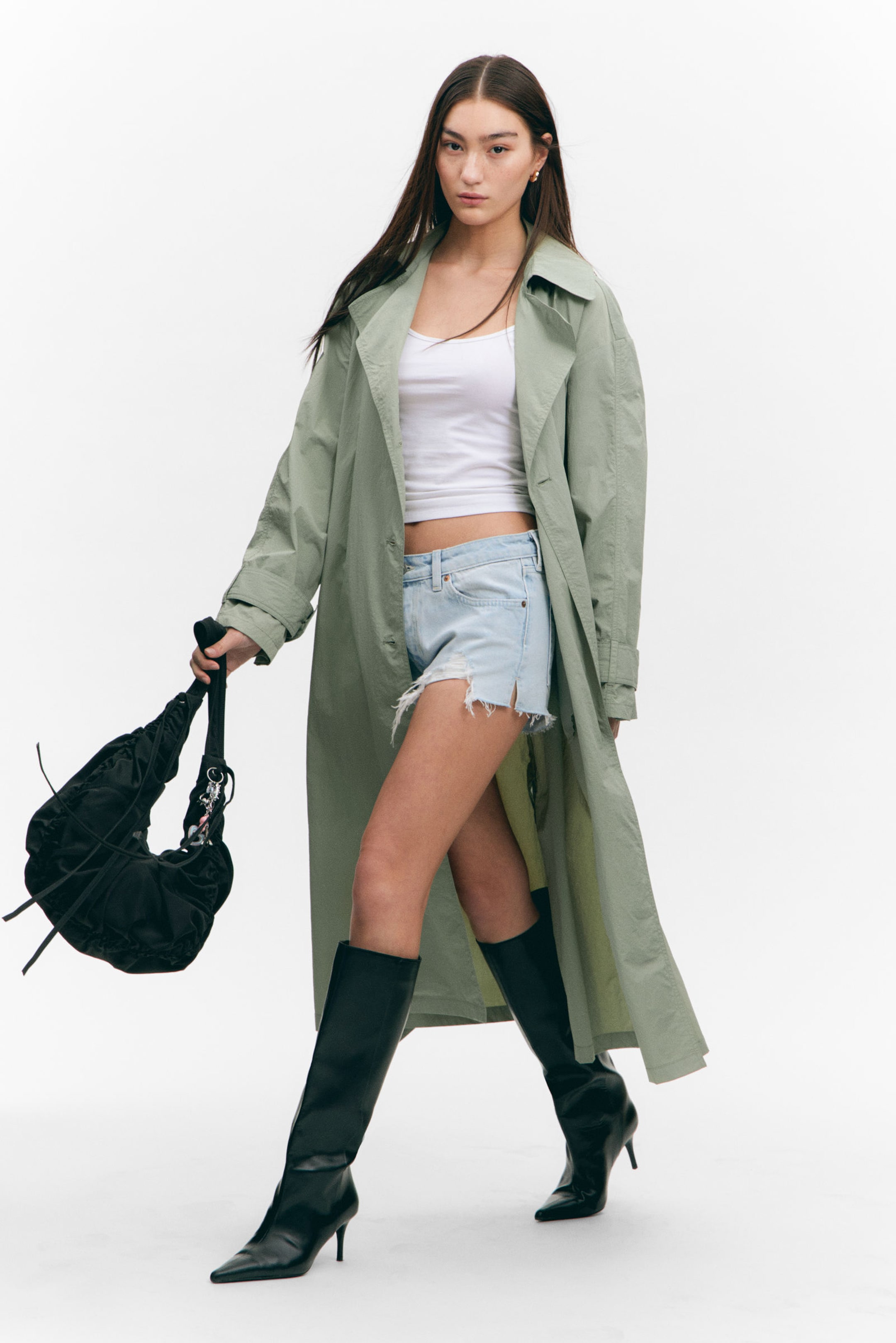 Khaki Green - Oversized Belted Nylon Trench Coat - 2