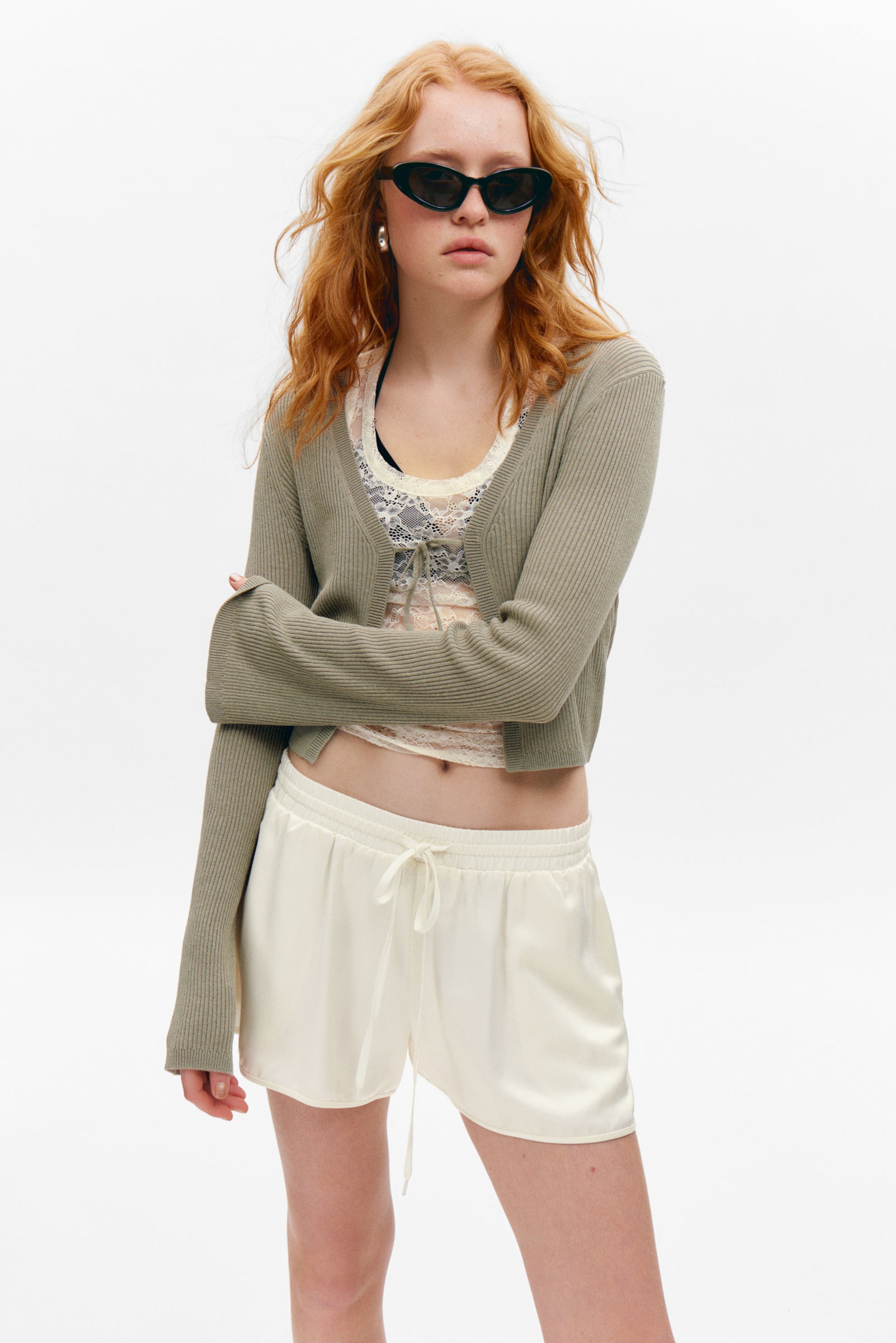 #8D8C81 - Ribbed Tie-Front Cardigan - 1