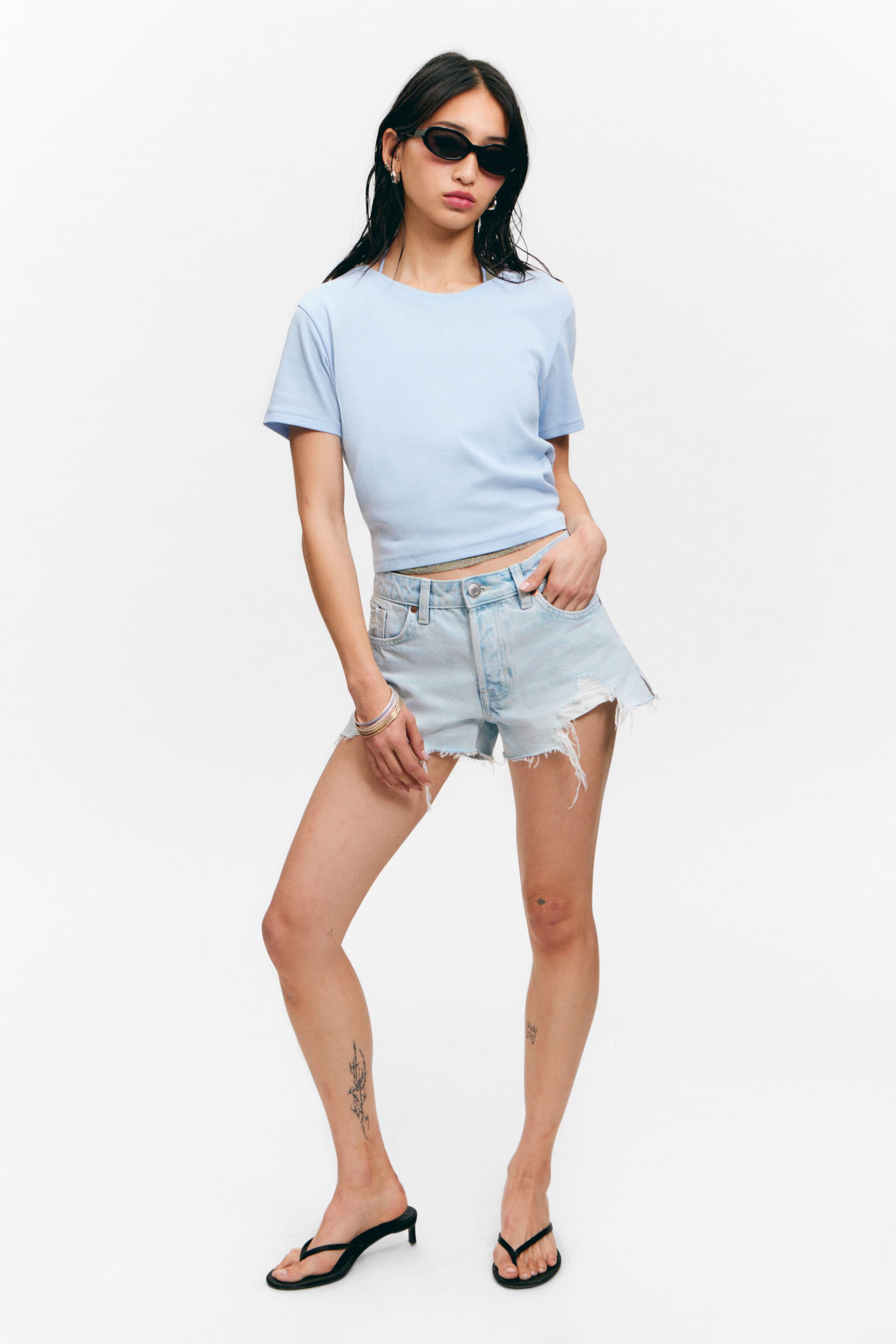 Light Blue - Cropped Fitted Cotton T-Shirt - 0