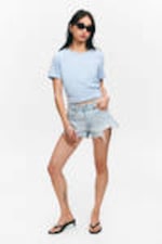 Light Blue - Cropped Fitted Cotton T-Shirt - 0