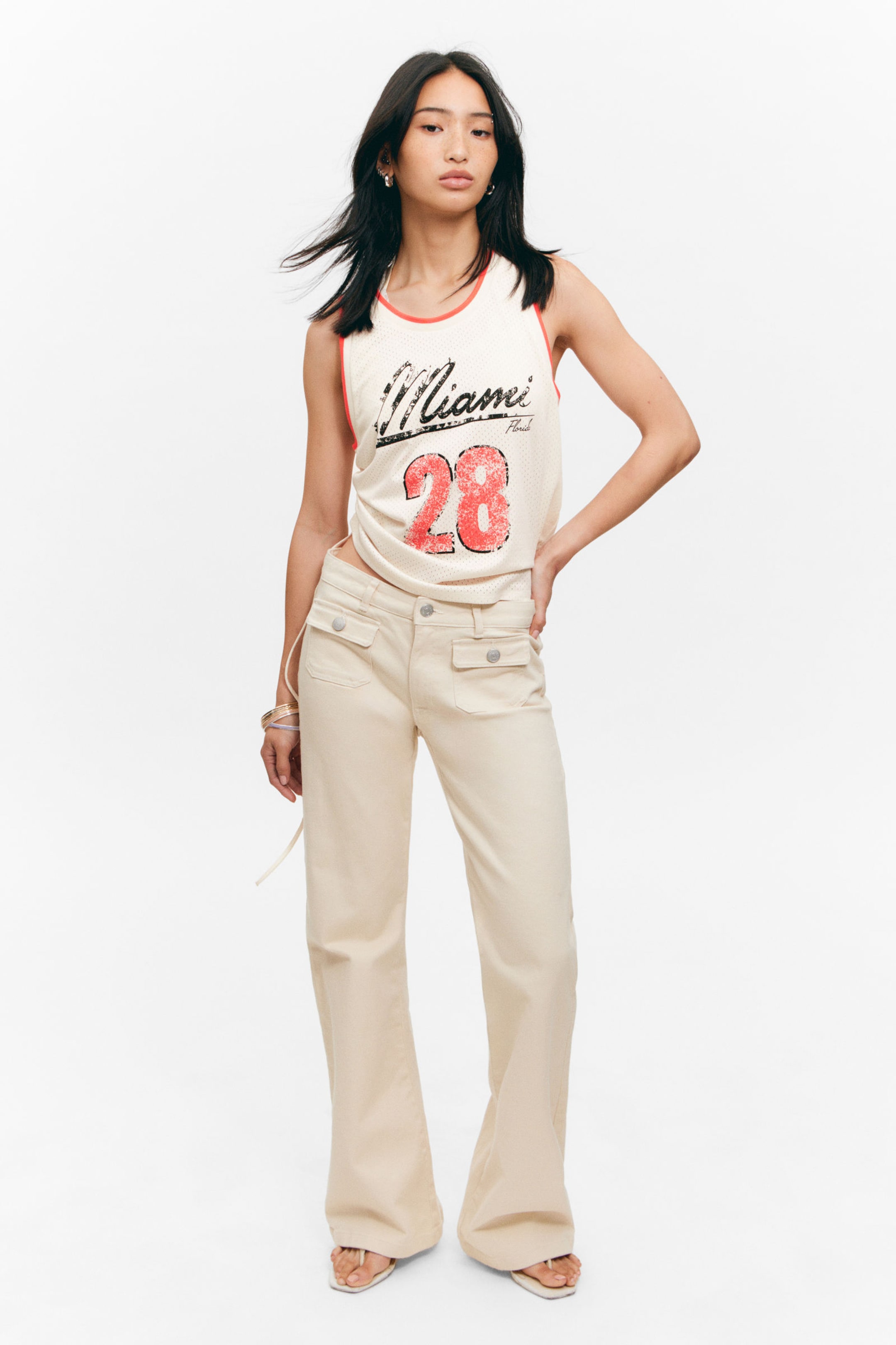 #D9D1BD - Low Waisted Bootcut Twill Trousers - 1