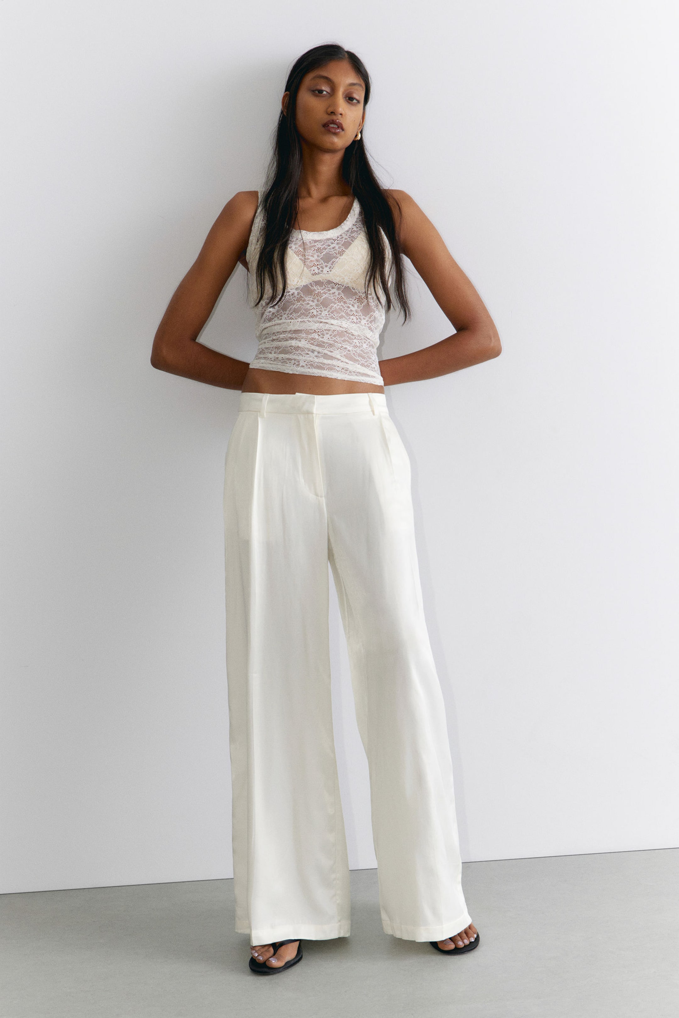 White Satin - Pleated High Waist Wide Leg Suiting Trousers - 0