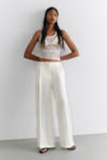 White Satin - Pleated High Waist Wide Leg Suiting Trousers - 0