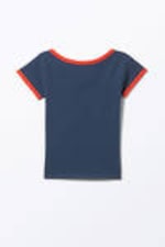Dark Blue - Red Binding - Short-Sleeved Cowl Neck Top - 3
