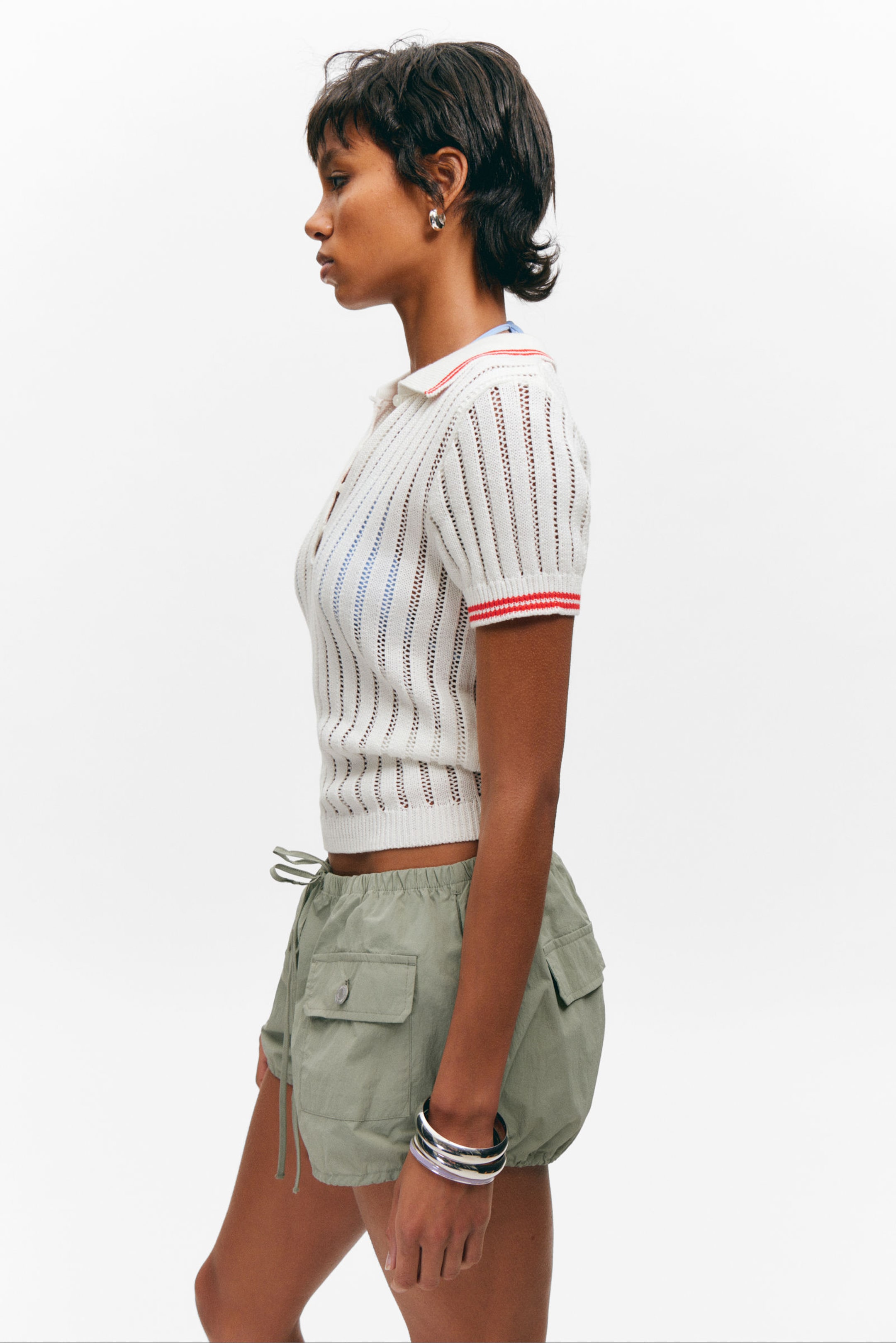 White - Red Stripes - Knitted Short-Sleeved Cotton Polo Top - 2