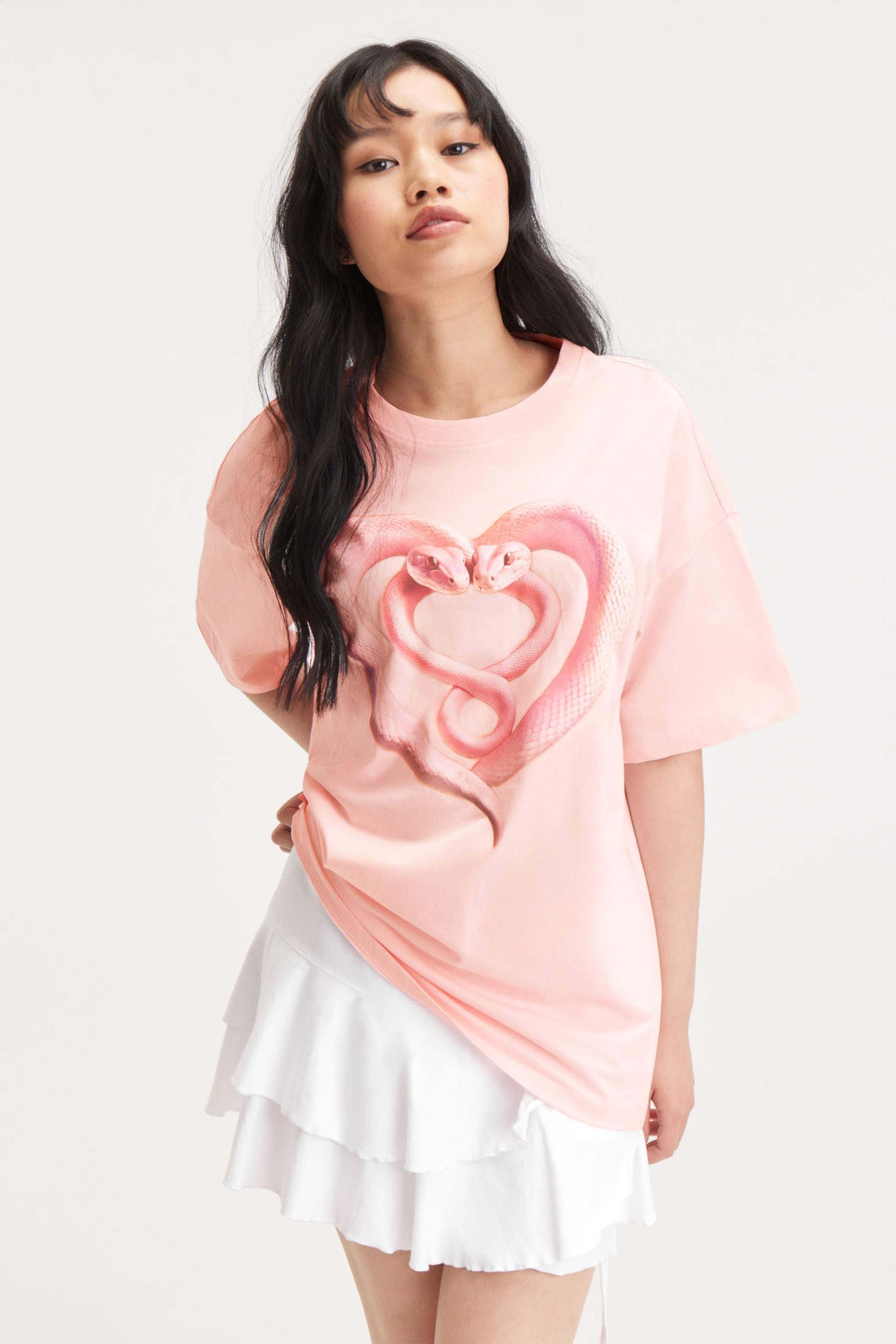 Light Pink - Snake Heart - Oversized Cotton T-shirt - 0