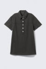 Off-black - Short-Sleeved Mini Shirt Dress - 4