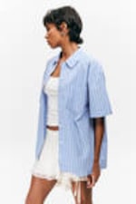 Striped Blue & Pink - Oversized Short-Sleeved Cotton Poplin Shirt - 2