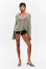 Light Khaki Green - Open-knit Hooded Sweater - 2