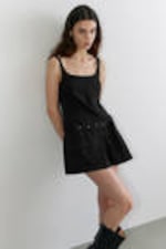 Black - Belted Pleated Mini Dress - 0