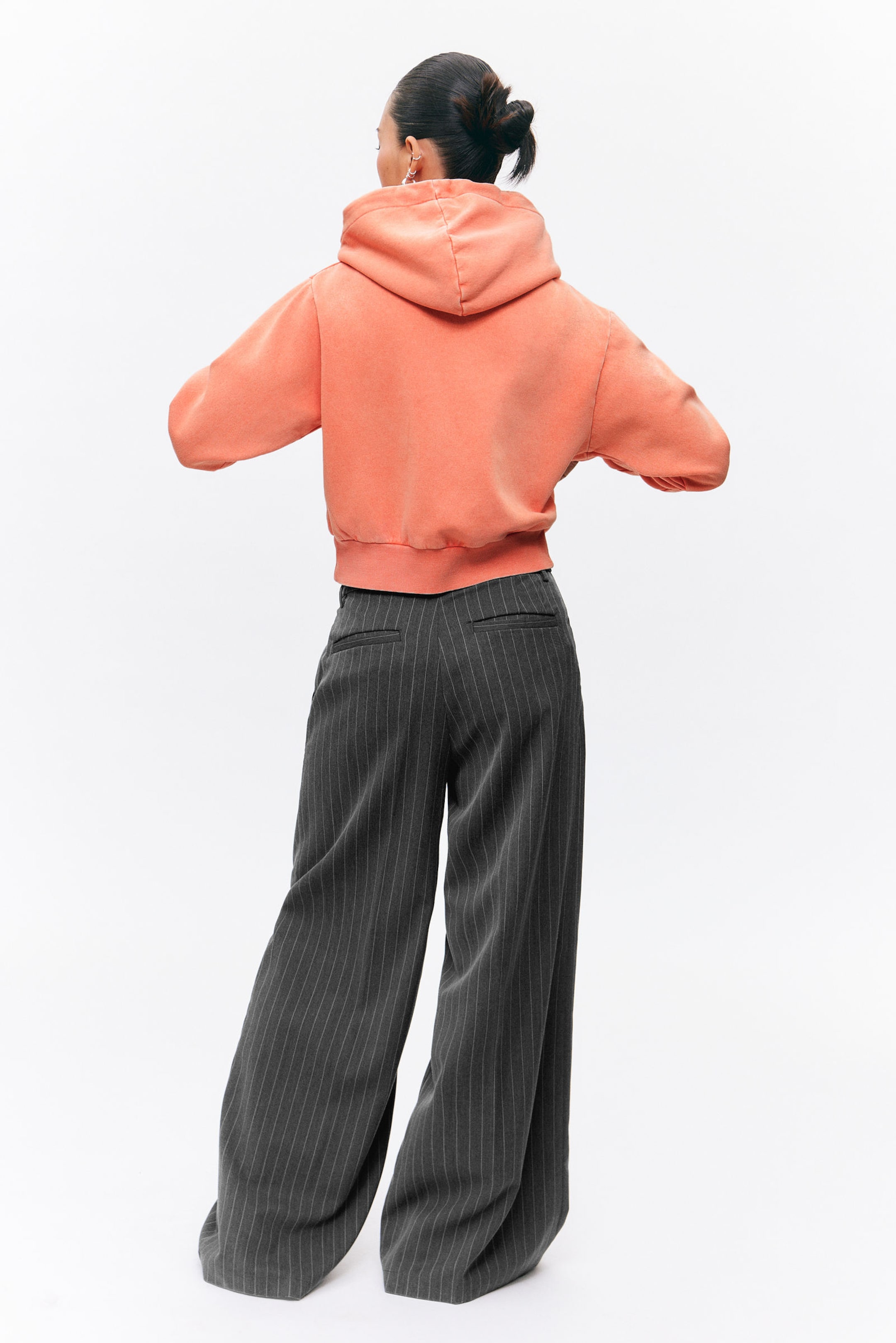Striped Dark Grey - Pleated High Waist Wide Leg Suiting Trousers - 2