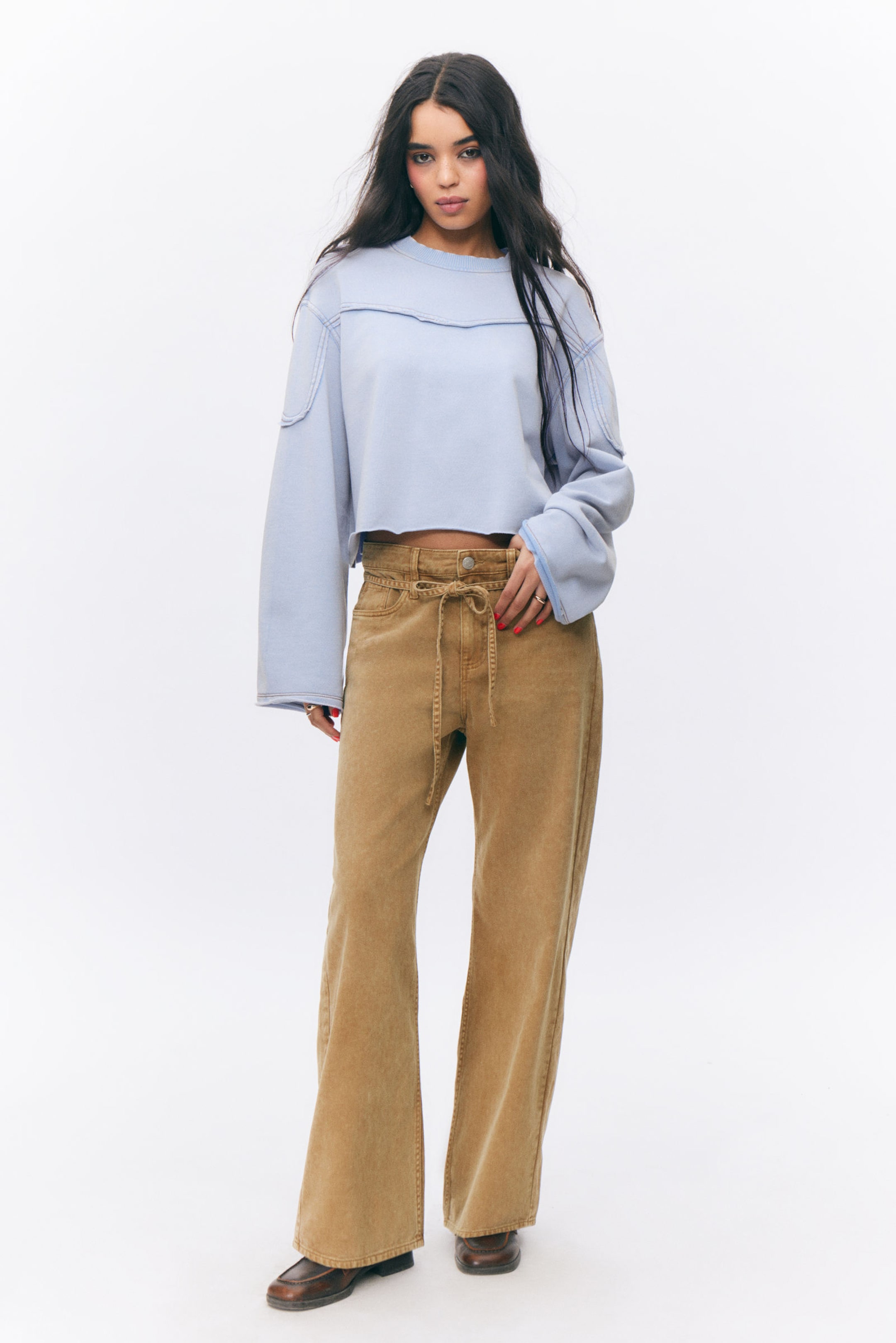 Washed Brown/Biege - Low Waisted Relaxed Twill Trousers - 0