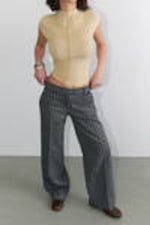 Striped Dark Grey - Low Waisted Pleated Suiting Trousers - 2