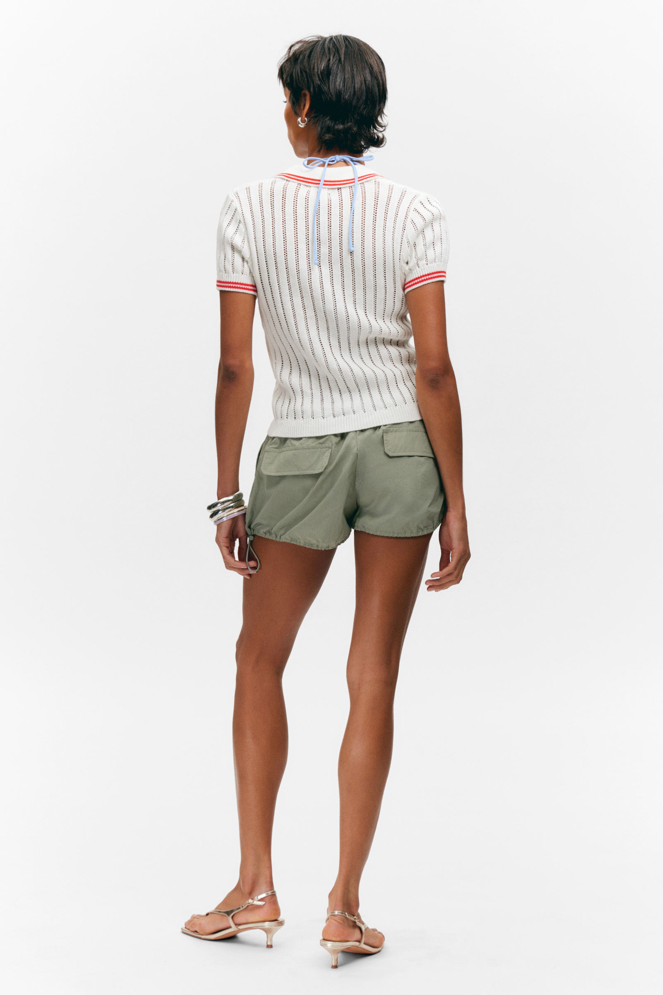 White - Red Stripes - Knitted Short-Sleeved Cotton Polo Top - 3