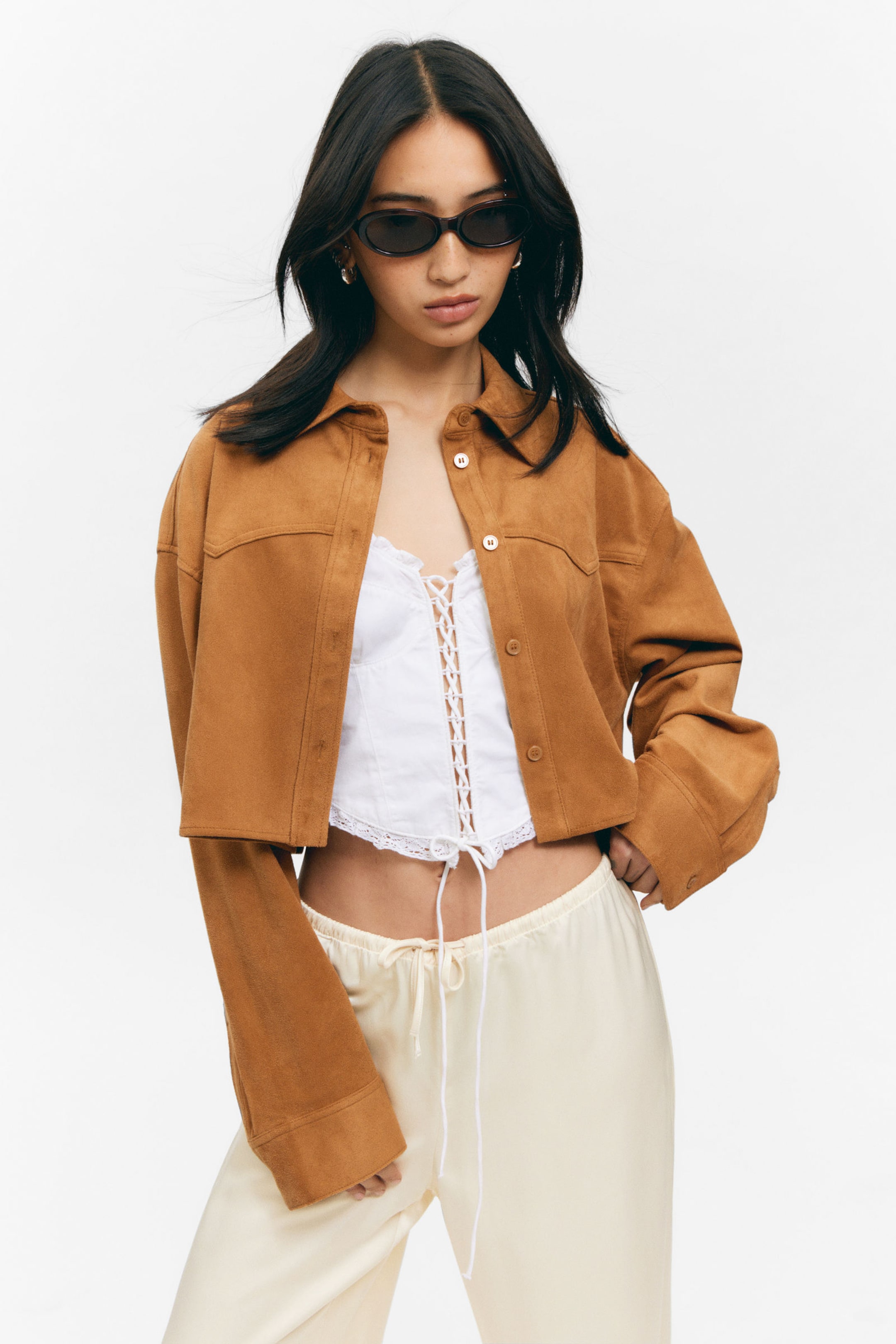 Brown - Cropped Faux Suede Western Shirt - 2