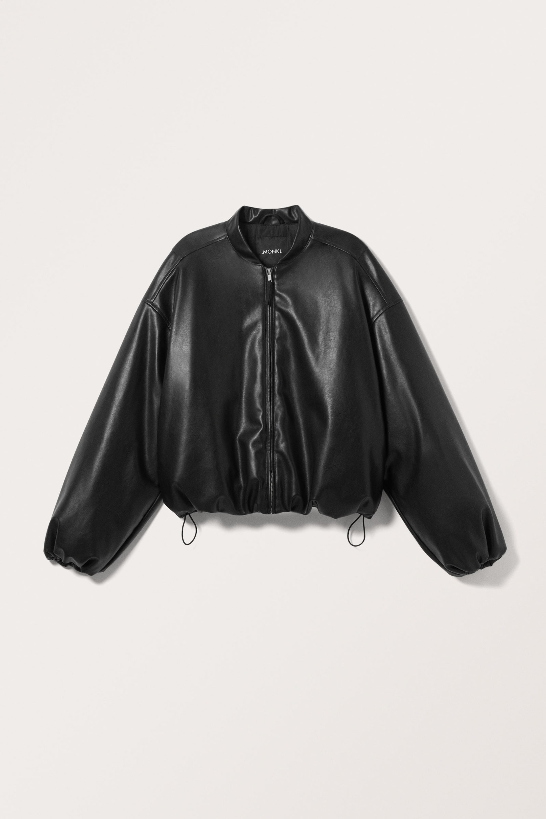 Black - Faux Leather Bomber Jacket - 4