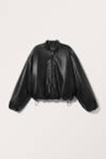 Black - Faux Leather Bomber Jacket - 4