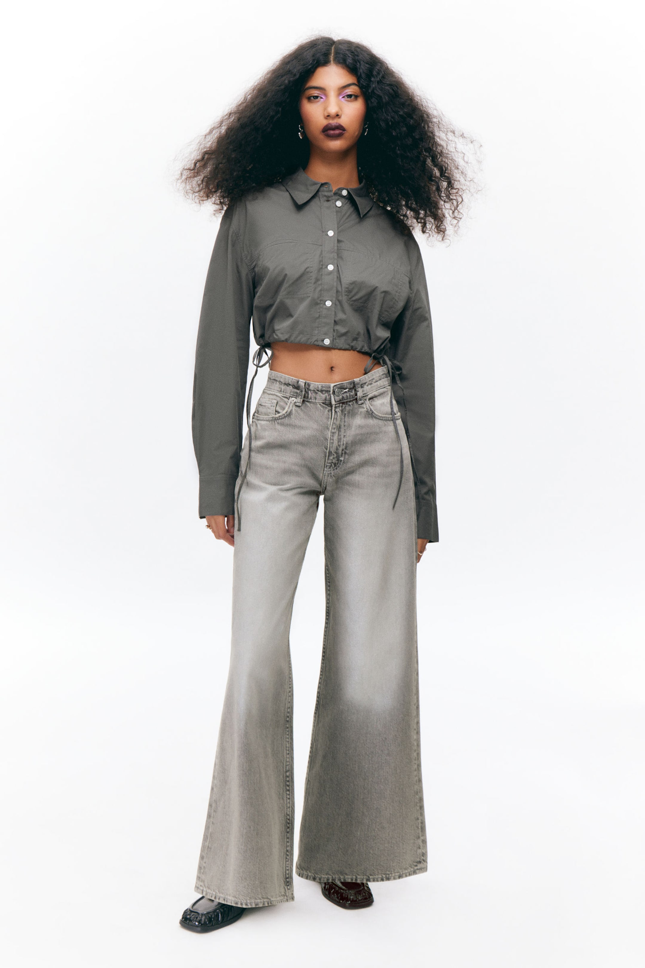 Dark Grey - Cropped Loose Cargo Shirt - 1