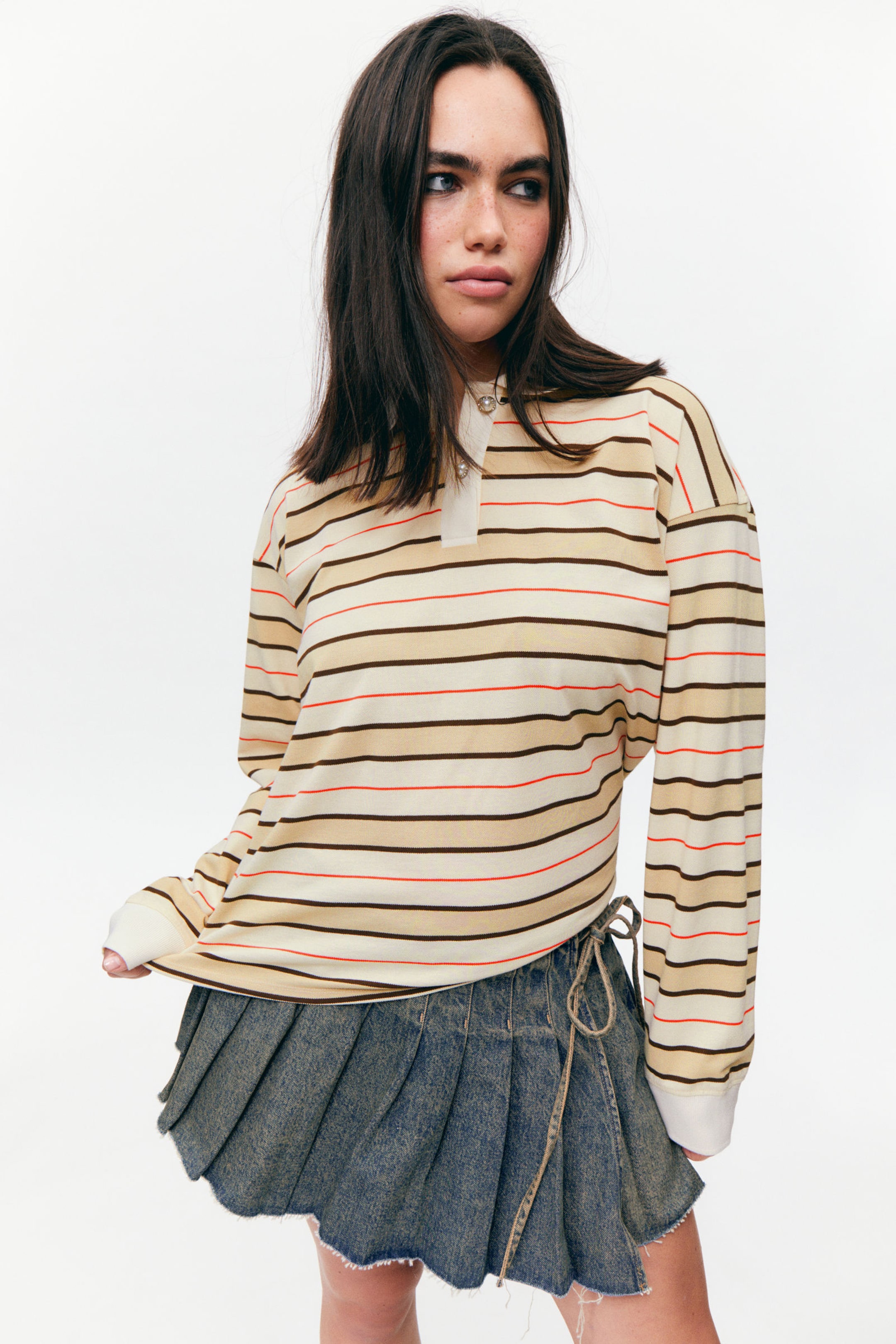 Striped Beige - Long Sleeve Rugby Polo Top - 2