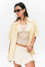 Striped Light Yellow - Oversized Short-Sleeved Cotton Poplin Shirt - 0