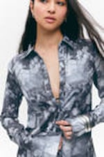 Dark Grey - Floral Collage - Slim Fit Printed Button-Up Shirt - 1