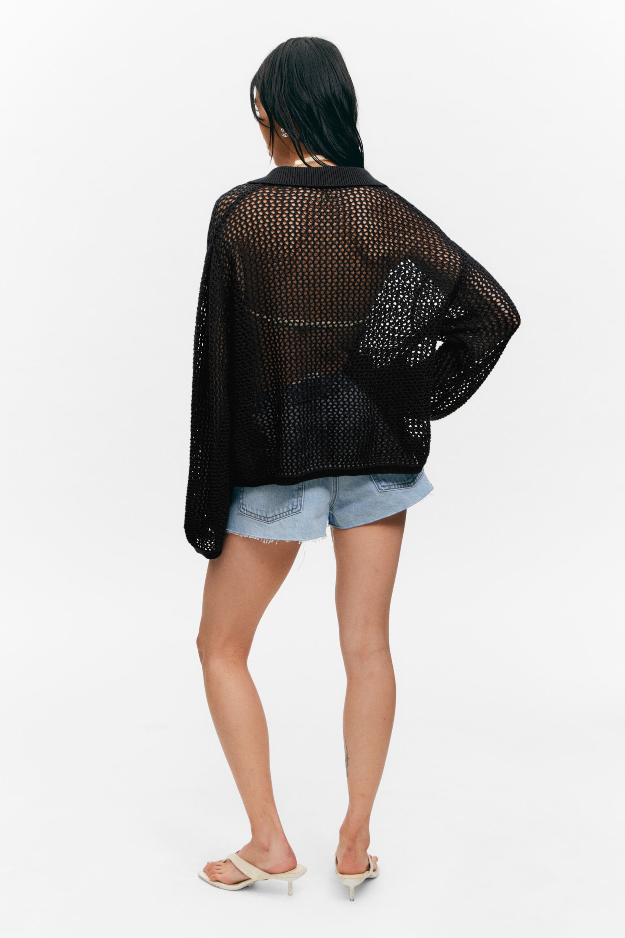 Black - Open-Knit Button-Up Cardigan - 4