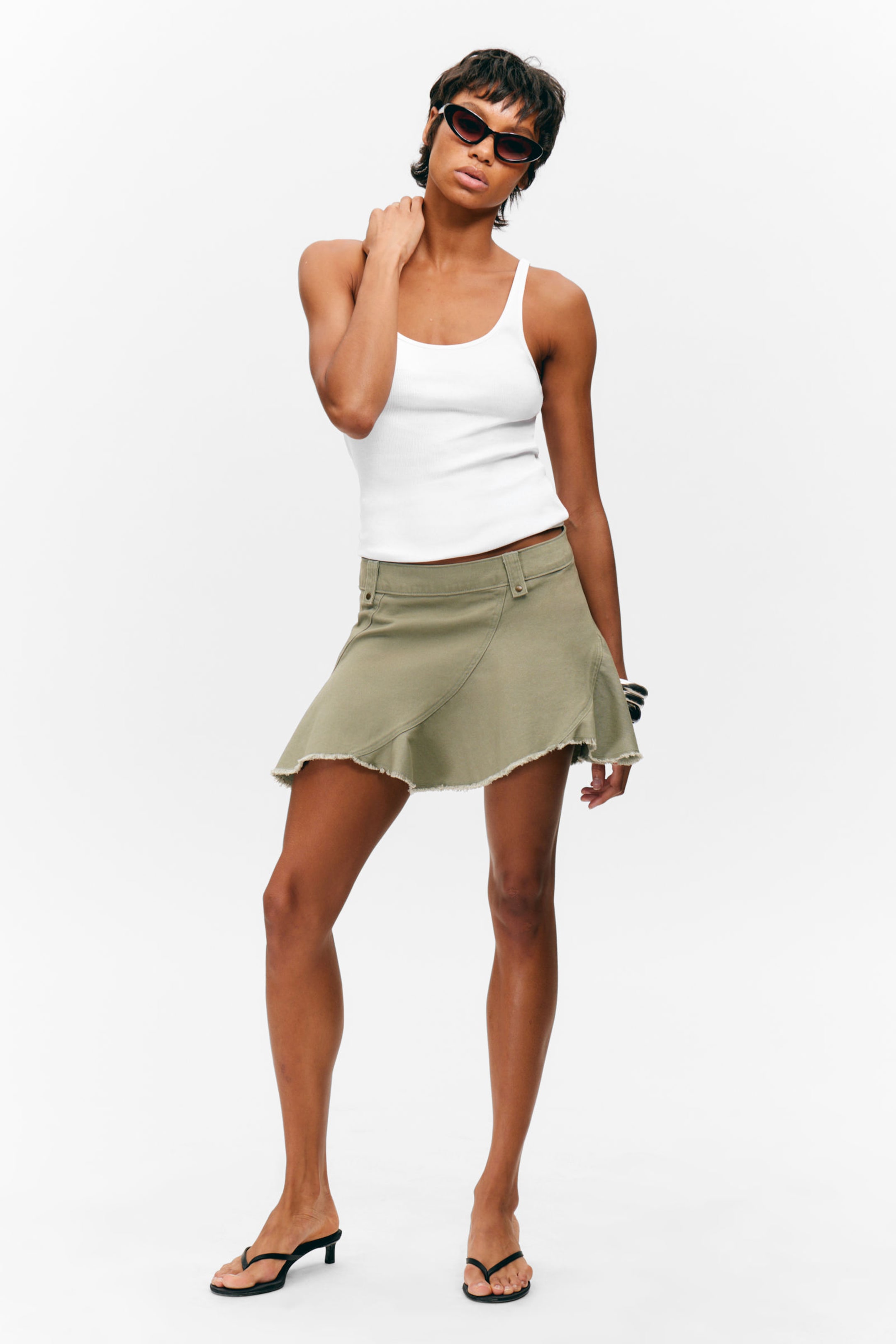 #8D8C81 - Frayed Asymmetric Mini Twill Skirt - 1
