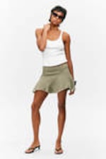 Khaki Green - Frayed Asymmetric Mini Twill Skirt - 0