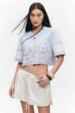 Light Blue/White - Oversized Cropped Mesh T-shirt - 0