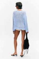 Light Blue - Loose Open-Knit Side Slit Sweater - 3