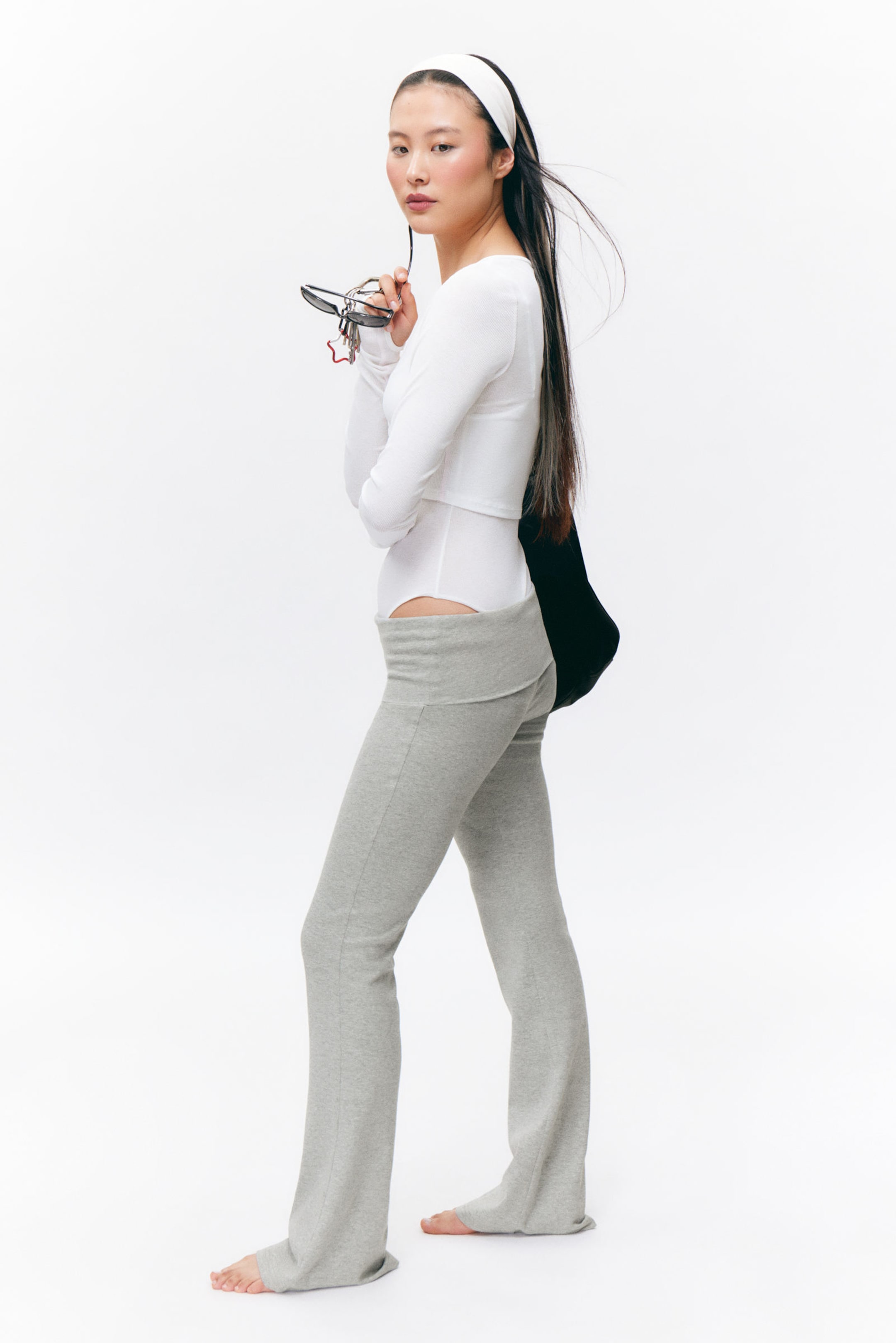 Grey Melange - Low Waist Flared Pyjama Trousers - 2
