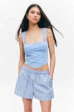 Striped Light Blue - Cropped Cotton Poplin Corset Top - 0