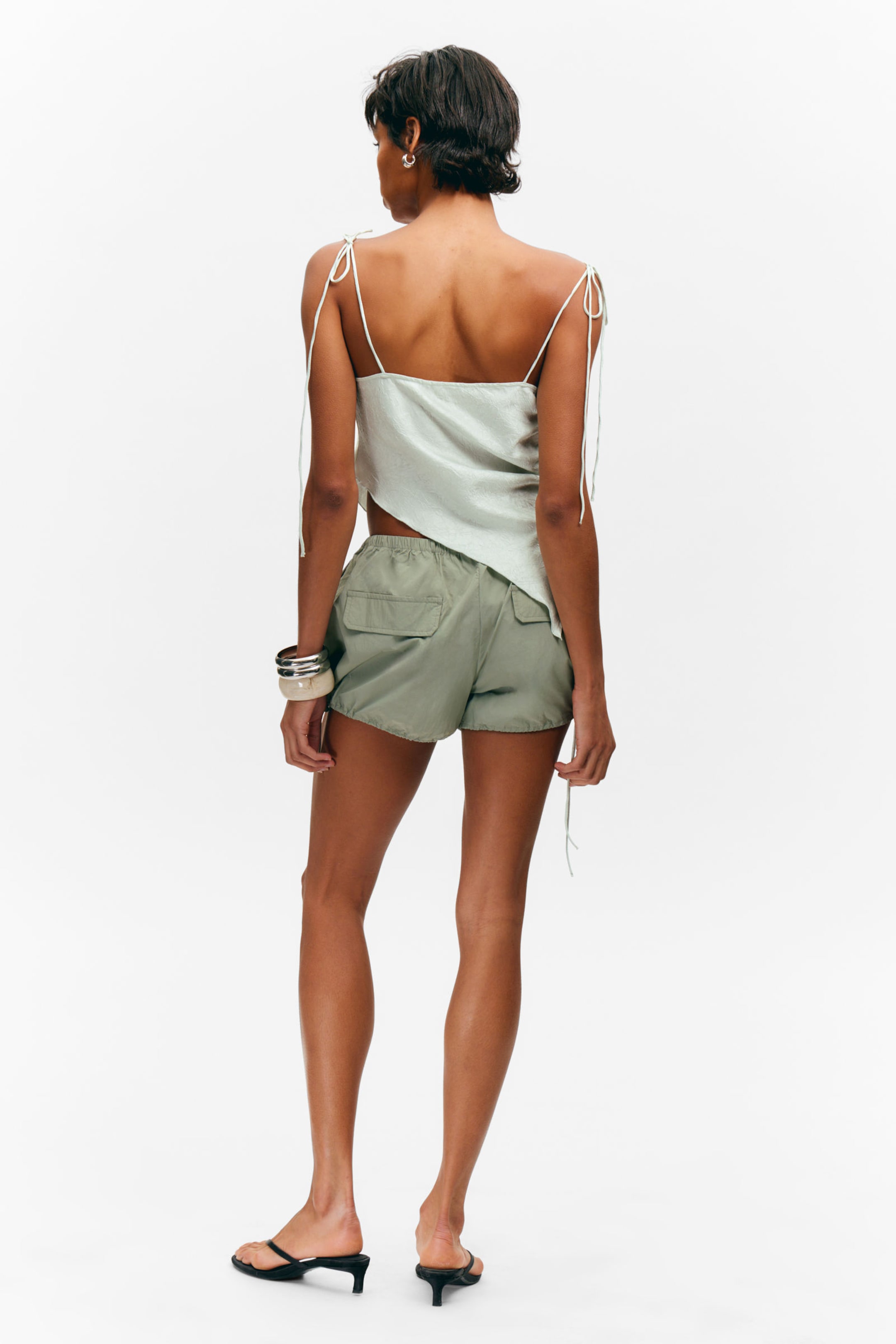 Light Khaki Green - Drawstring Mini Cargo Shorts - 3