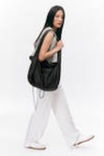 Black - Large Rectangular Drawstring Shoulder Bag - 1