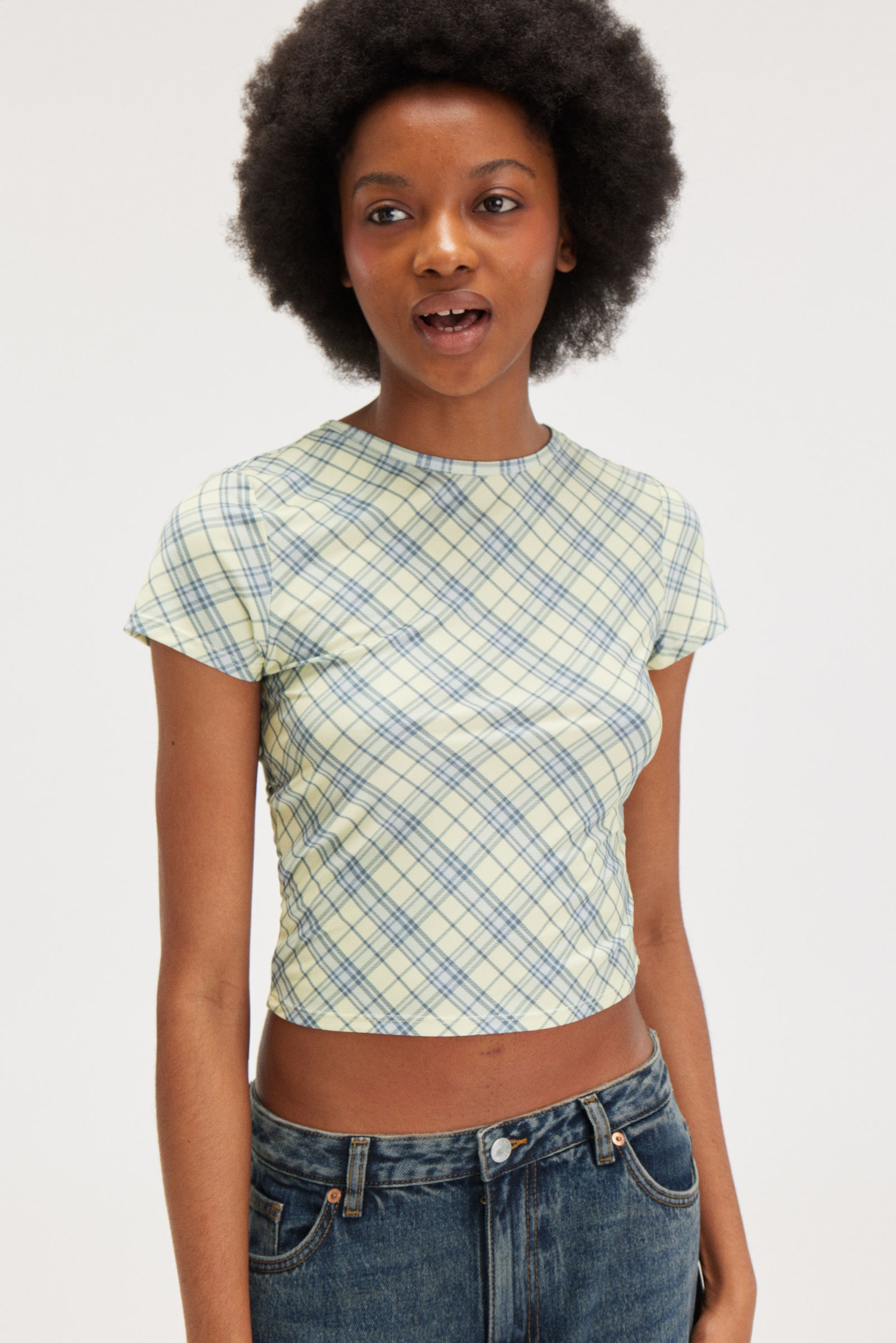 Yellow - Blue Check - Cropped t-shirt - 0