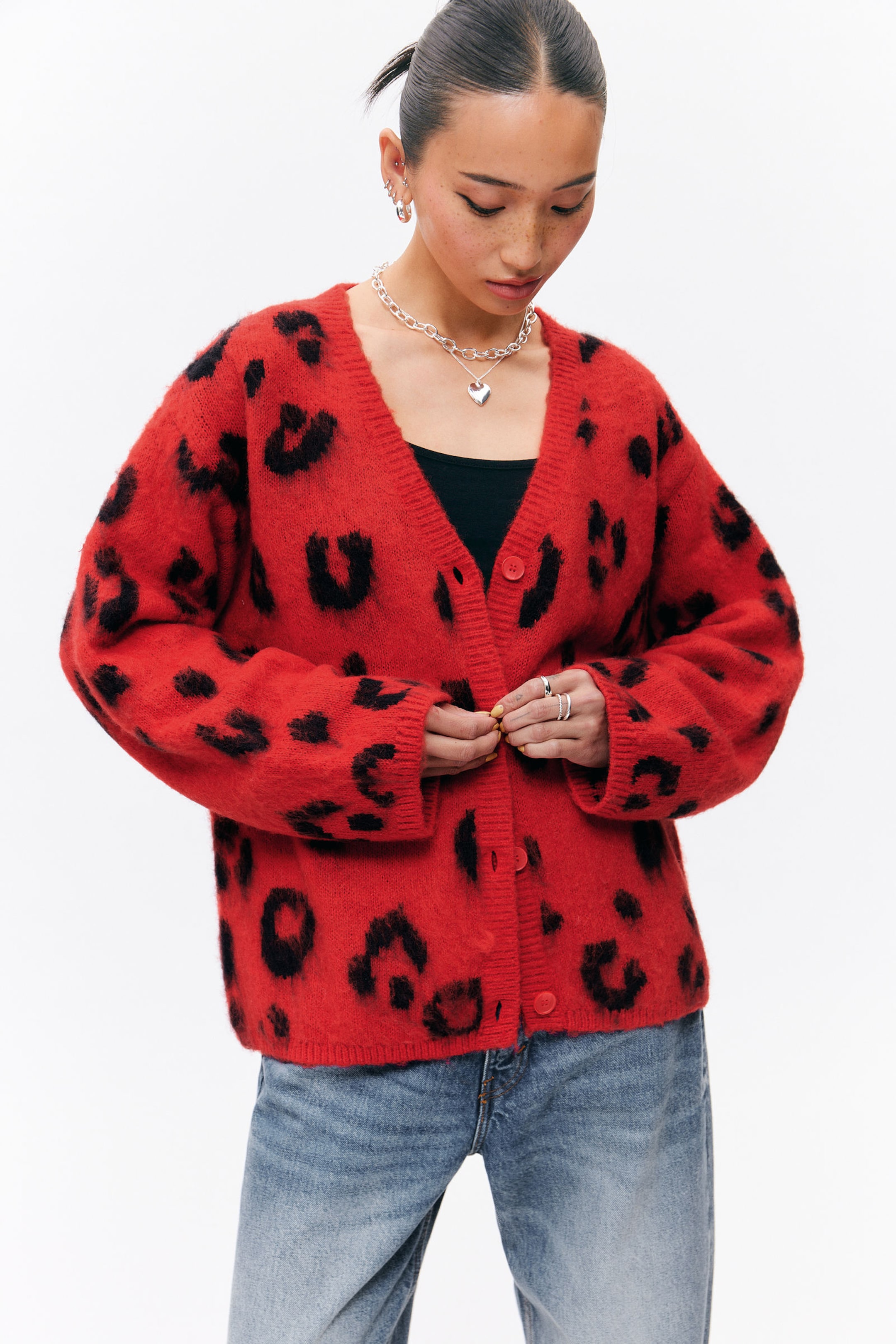 Red - Leopard - Fluffy knit cardigan - 2