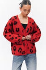 Red - Leopard - Fluffy knit cardigan - 2
