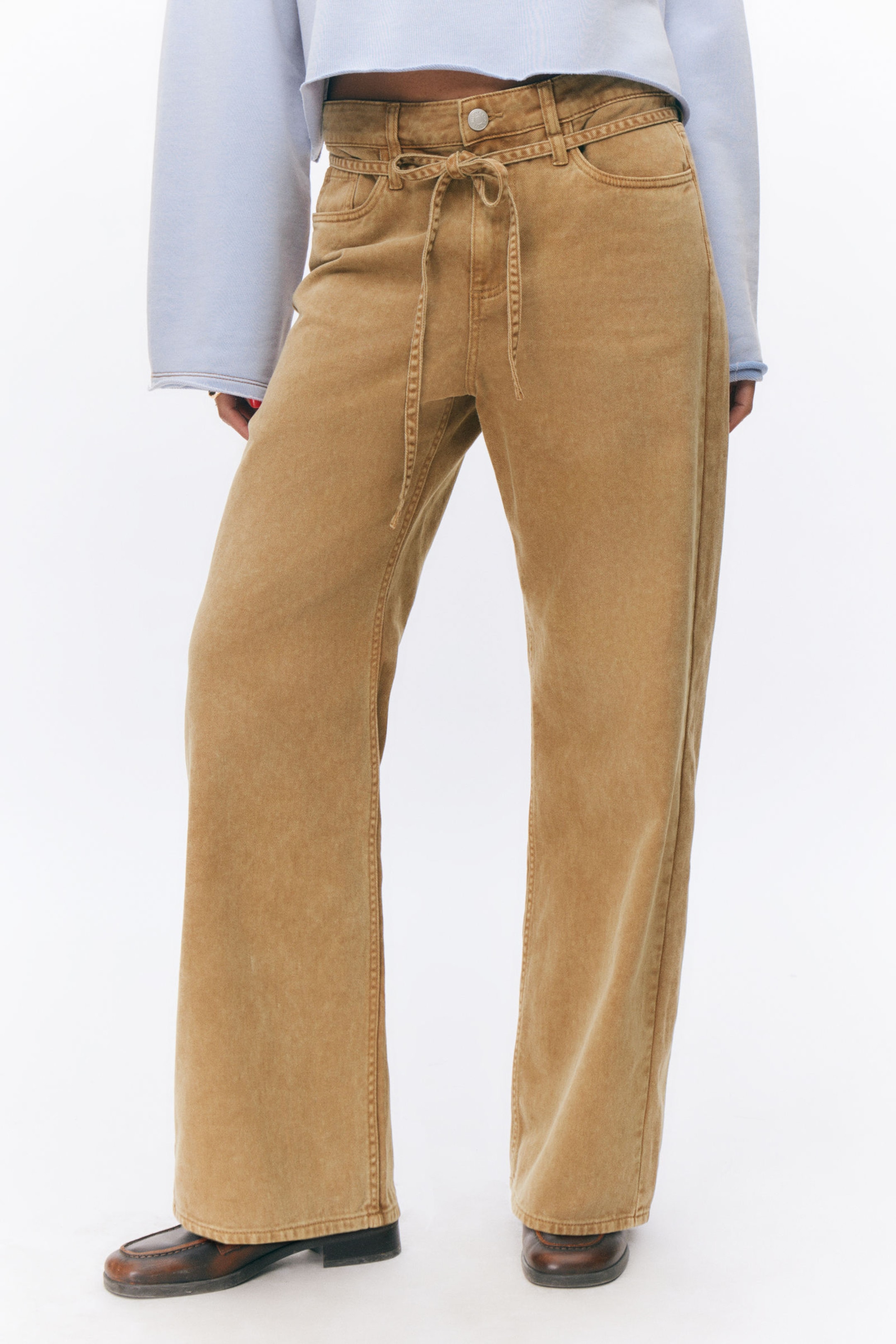 Washed Brown/Biege - Low Waisted Relaxed Twill Trousers - 1
