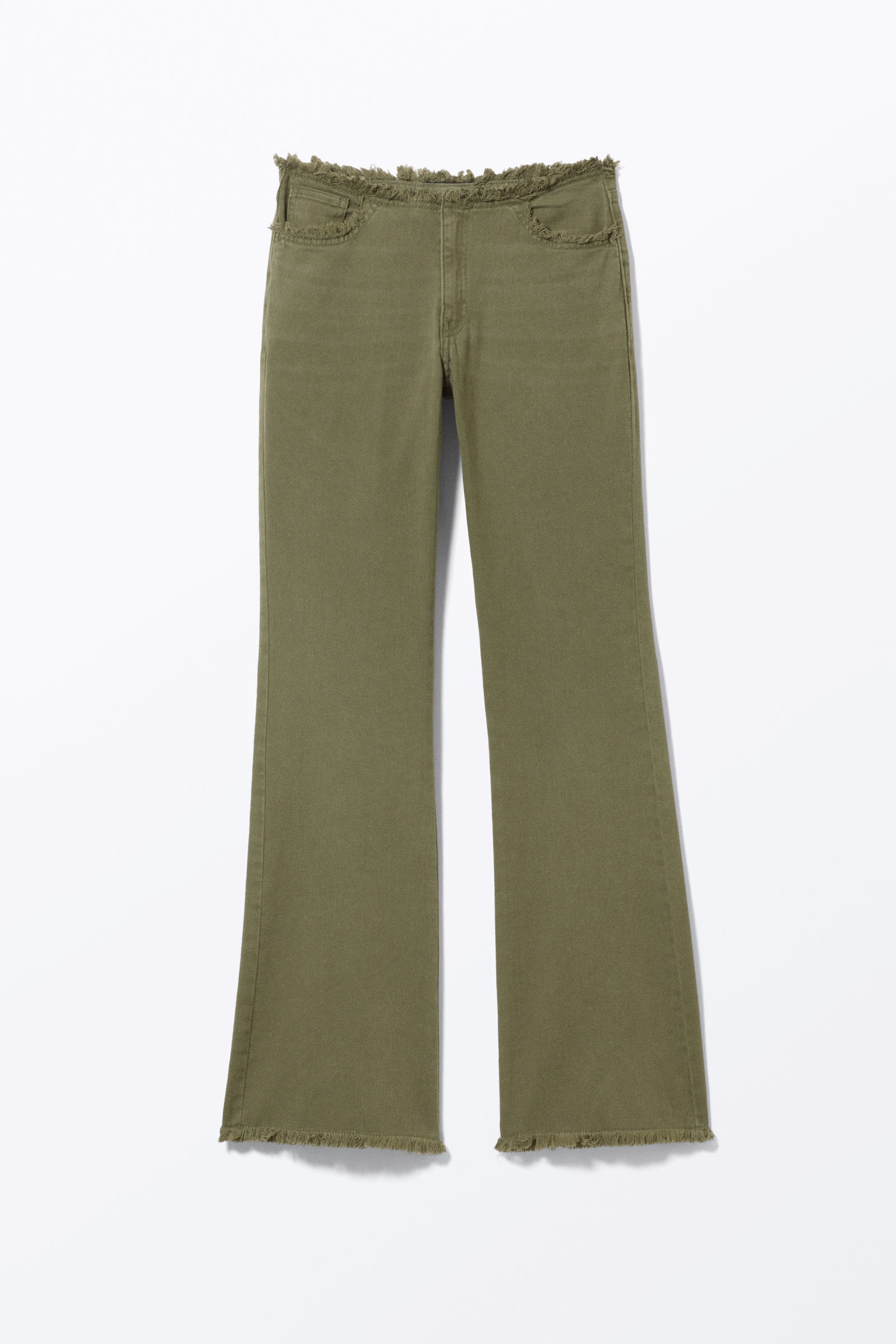 Dark Khaki Green - Frayed Low Waist Twill Trousers - 3