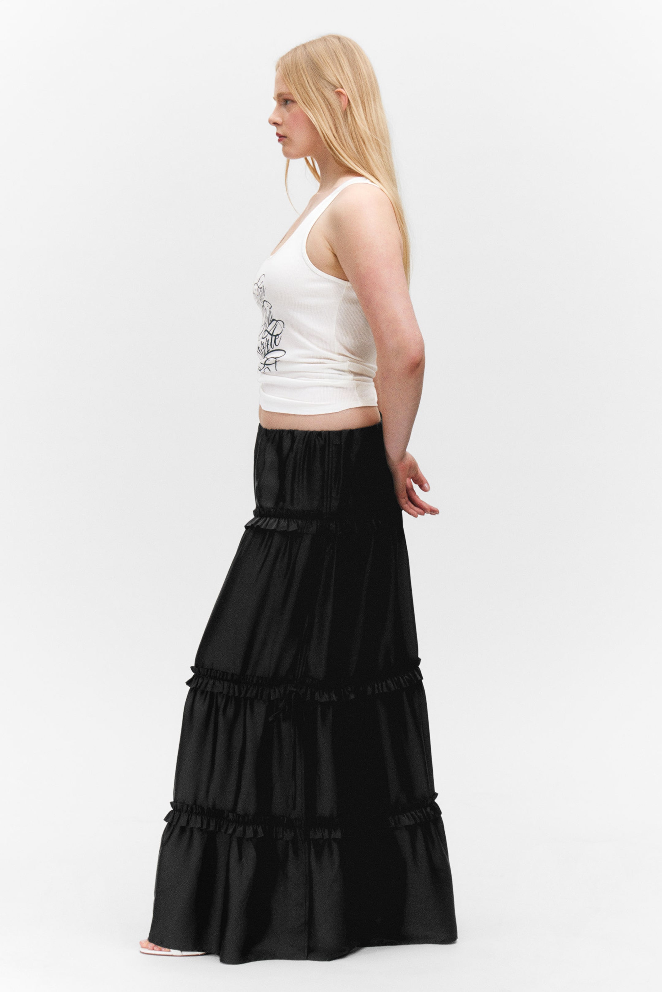 Black - Tiered Frilled Maxi Skirt - 2