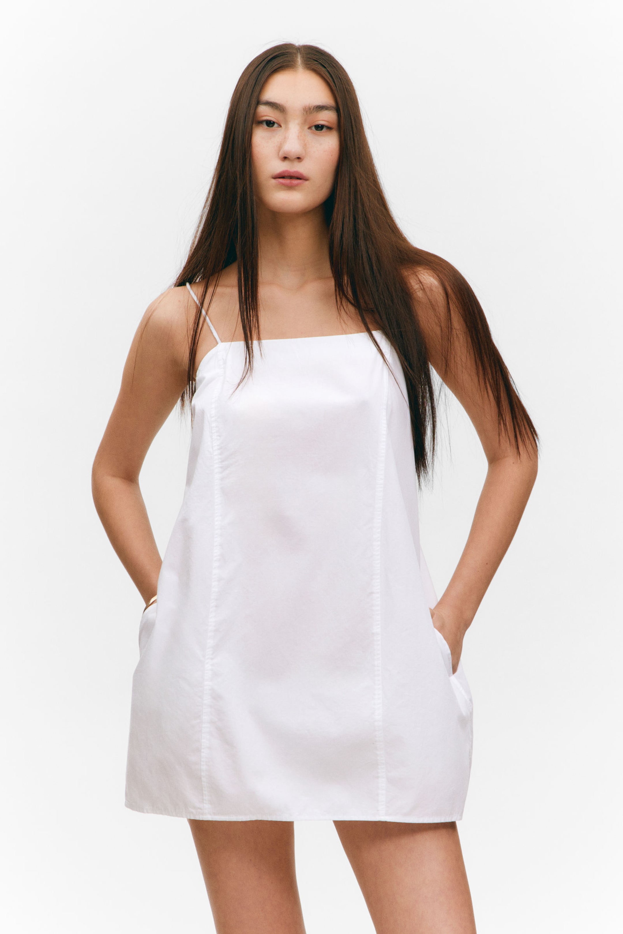 #FFFFFF - Tie-Back Twill Mini Dress - 2