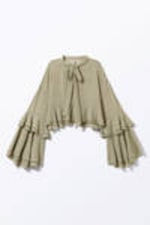 Khaki Green - Flared Frill-Sleeved Tie-Neck Blouse - 4